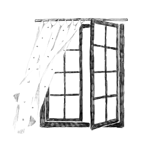 illustration of a window that is ajar with a curtain blowing in the breeze
